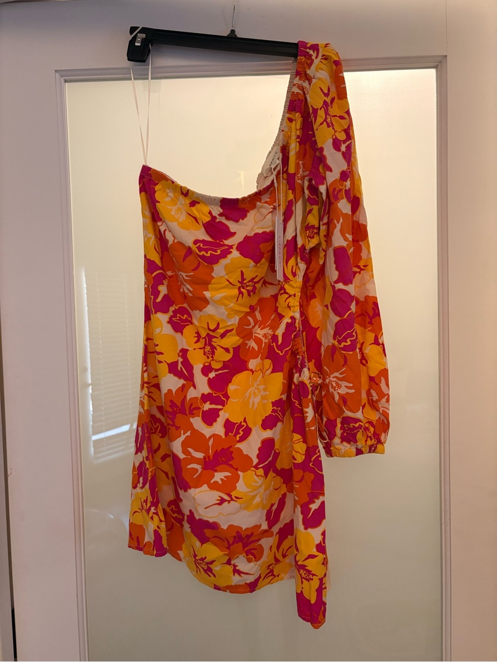 L Space One-Shoulder Floral Mini Dress in Pink, Orange & Yellow